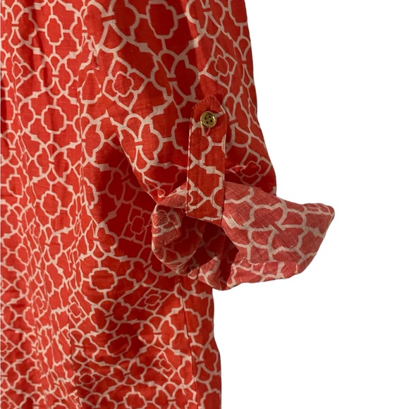 Charter Club 100% LINEN Button Down Shirt Long Roll Tab Sleeve Orange & White - Picture 3 of 4